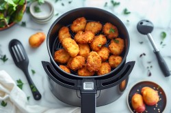 Chicken Nuggets aus der Heißluftfritteuse: ein Korb mit Chicken Nuggets steht auf einem Tisch mit Tischdecke.