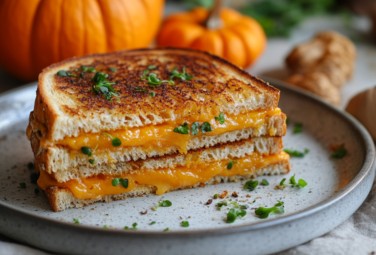 Grilled-Cheese-Sandwiches mit Kürbiscreme auf einem Teller.