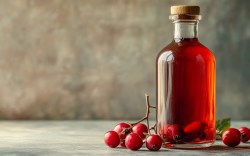 Eine Flasche Hagebuttenessig. Daneben liegen frische Hagebutten.