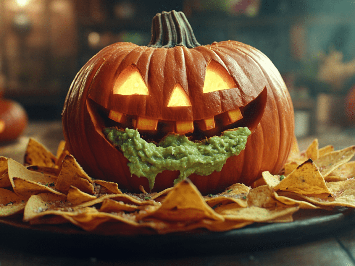 Halloween-Kürbis mit Guacamole und Nachos