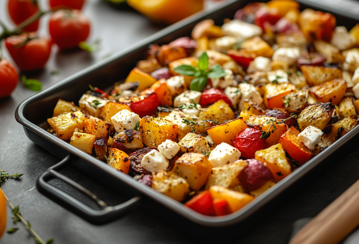 Herbstliches Ofengemüse mit Feta auf einem Blech.