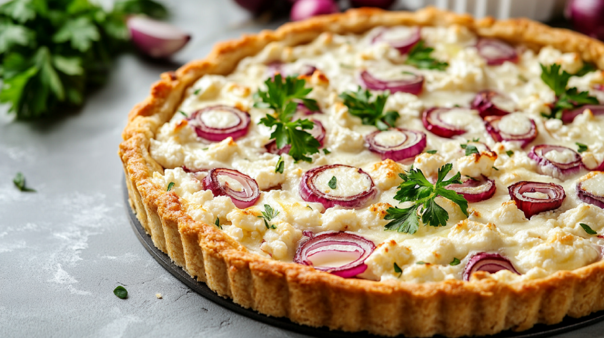 Hüttenkäse-Zwiebel-Tarte auf einem Tisch