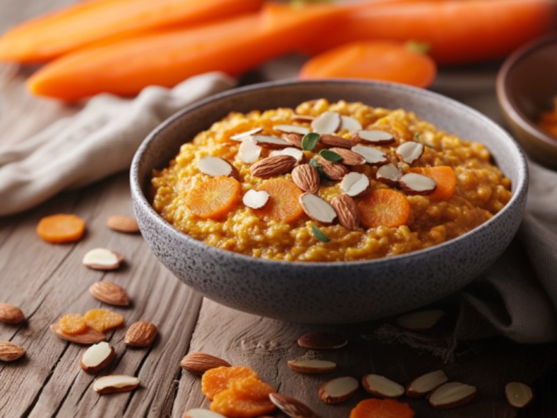 Eine Schüssel Karotten-Porridge. Drumherum frische Zutaten.