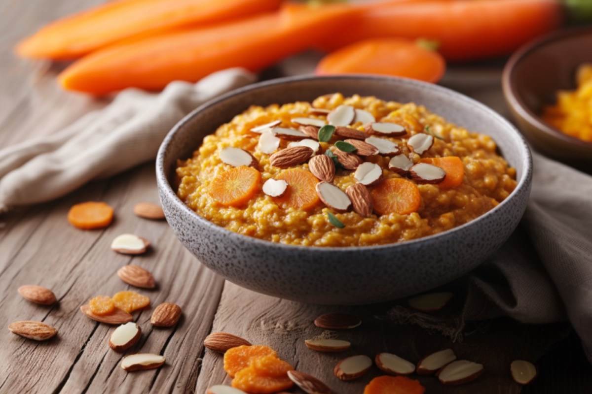 Eine Schüssel Karotten-Porridge. Drumherum frische Zutaten.