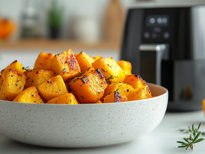 Eine Schüssel Kürbis aus dem Airfryer, dahinter unscharf zu erkennen eine Heißluftfritteuse.