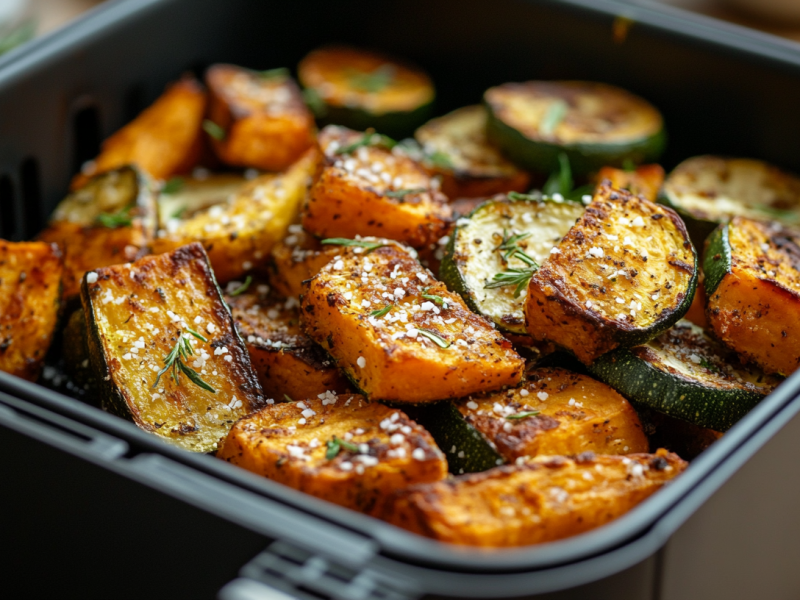 Parmesan-Gemüse aus dem Airfryer mit Kräutern garniert, Nahaufnahme.