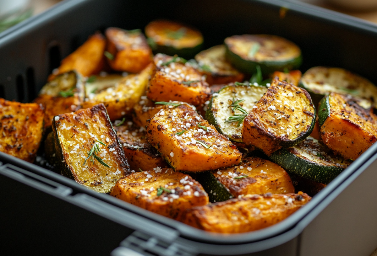 Parmesan-Gemüse aus dem Airfryer mit Kräutern garniert, Nahaufnahme.