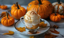 Eine Tasse Pumpkin Spice Affogato, Kürbisse daneben