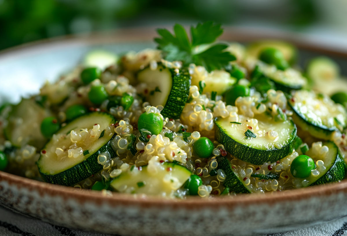 Quinotto mit Feta, Zucchini und Erbsen auf einem Teller, Nahaufnahme.