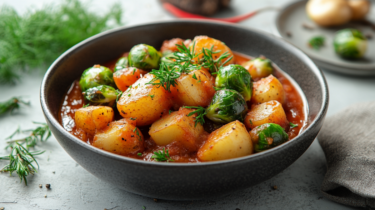 Eine Schüssel Rosenkohl-Kartoffel-Gulasch garniert mit Kräutern.