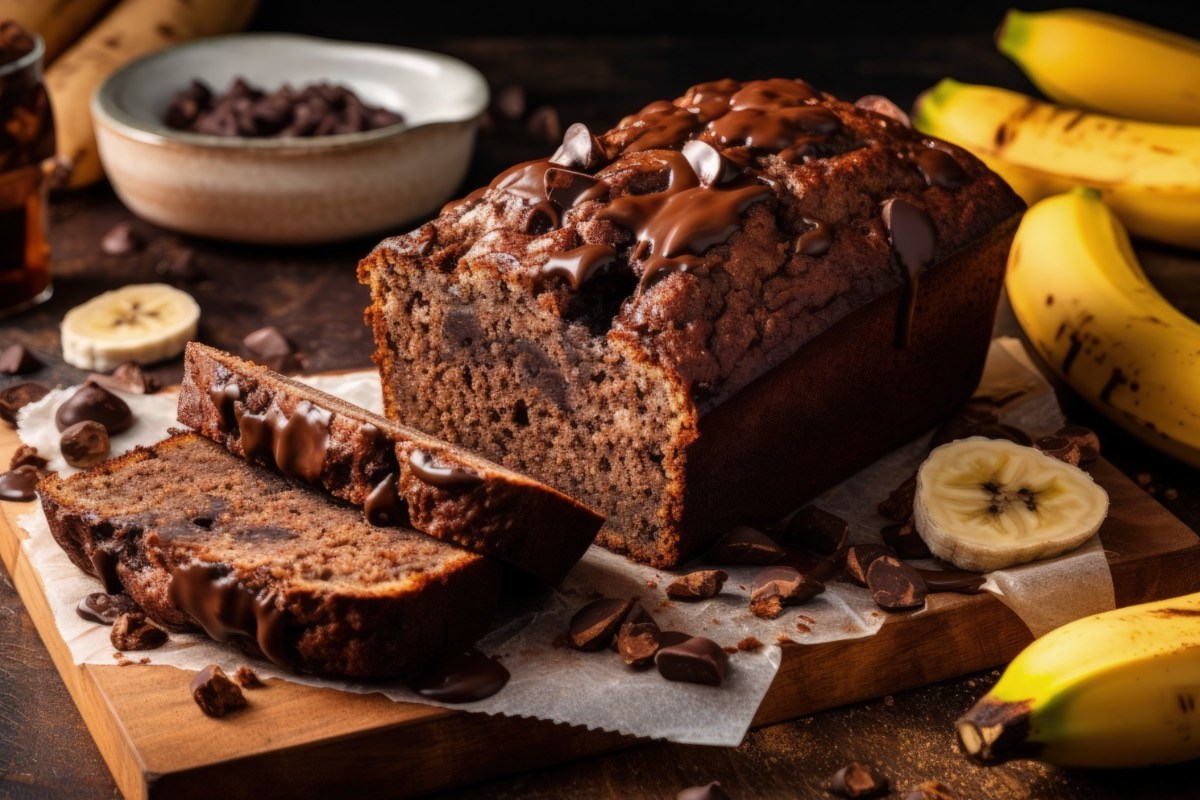 Ein angeschnittenes Schoko-Bananenbrot. Im Hintergrund sind Bananen und weitere Zutaten zu sehen.