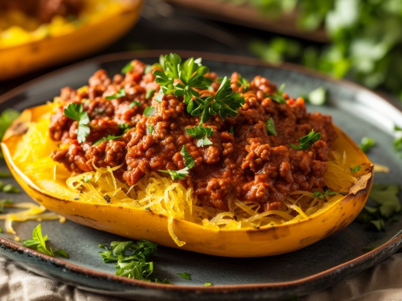 Spaghettikürbis mit Bolognese-Soße auf einem Teller.