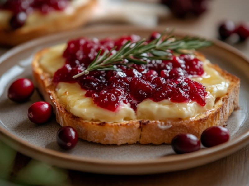 Ein überbackenes Camembert-Toast mit Preiselbeermarmelade auf einem Teller.