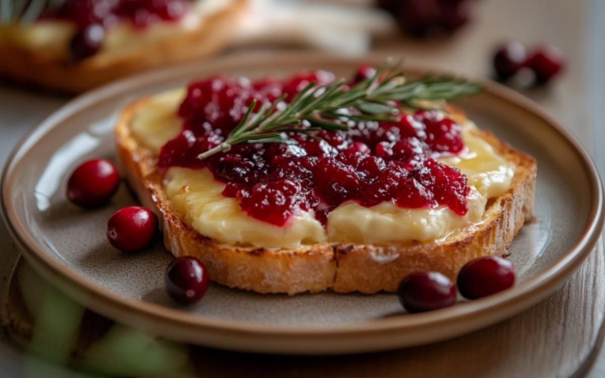 Ein überbackenes Camembert-Toast mit Preiselbeermarmelade auf einem Teller.