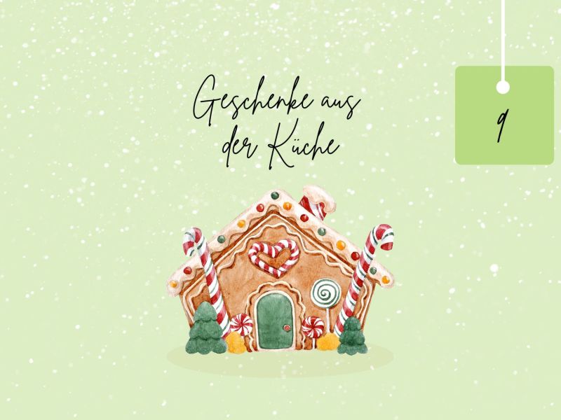 selbst gemachte GewÃ¼rze verschenken: Lebkuchenhaus mit Schriftzug und Zahl auf grÃ¼nem Hintergrund.