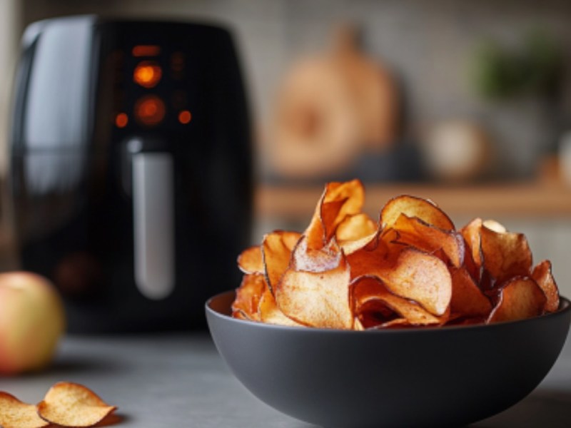 Apfelchips aus der HeiÃŸluftfritteuse in einer Schale. Im Hintergrund ist der Airfryer zu sehen.