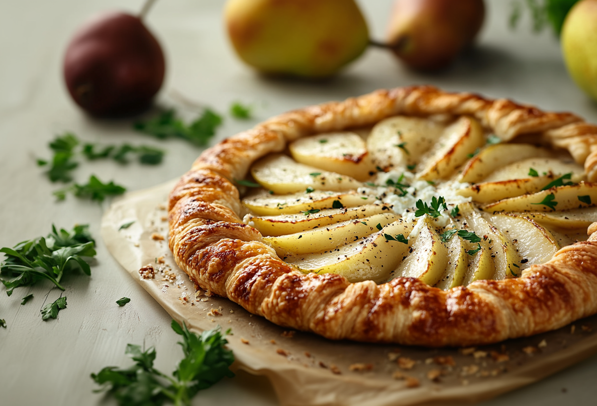 Birnen-Feta-Galette auf einem Stück Backpapier