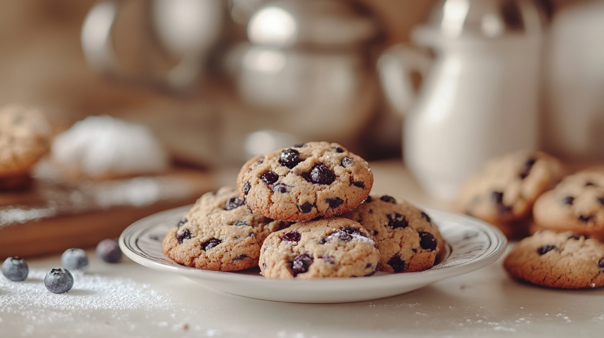 ein paar Blaubeer-Cookies auf einem Teller, im Hintergrund unscharf Backzutaten.