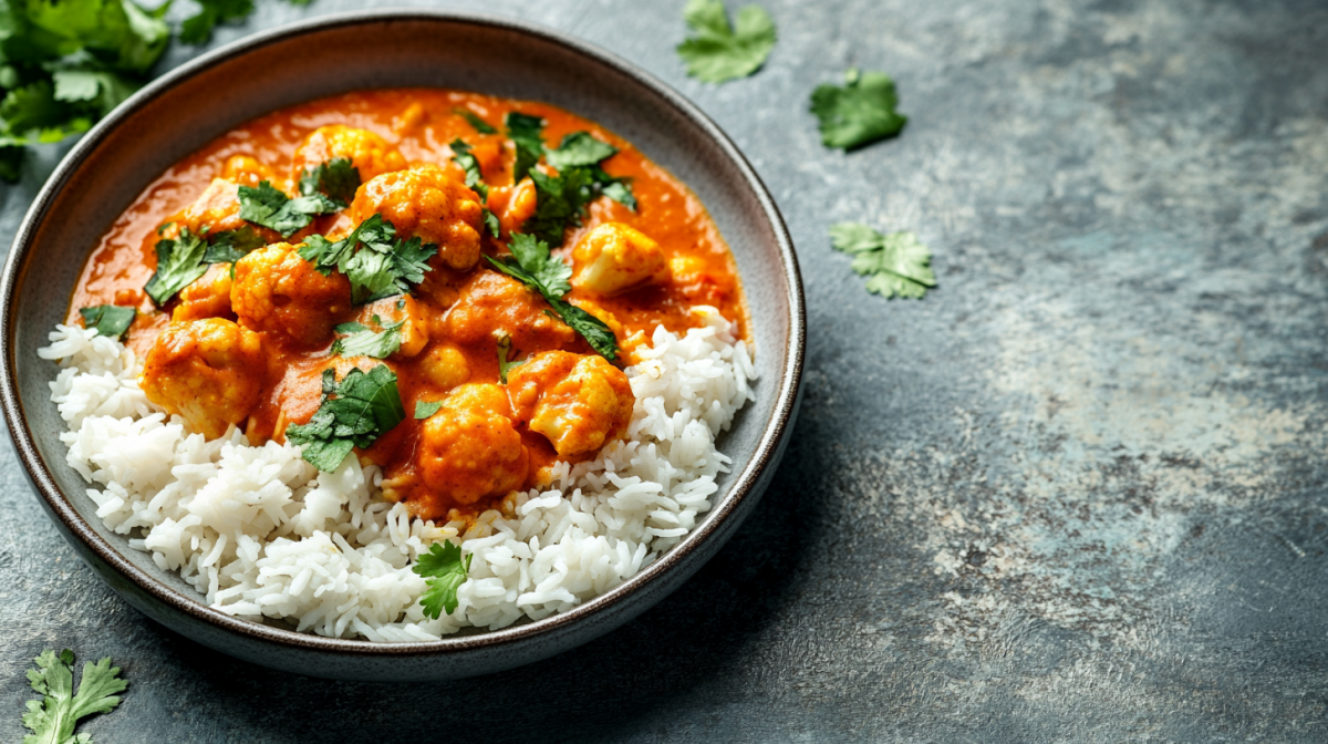 Blumenkohl-Curry aus dem Ofen mit Reis auf einem Teller, bestreut mit Koriander.