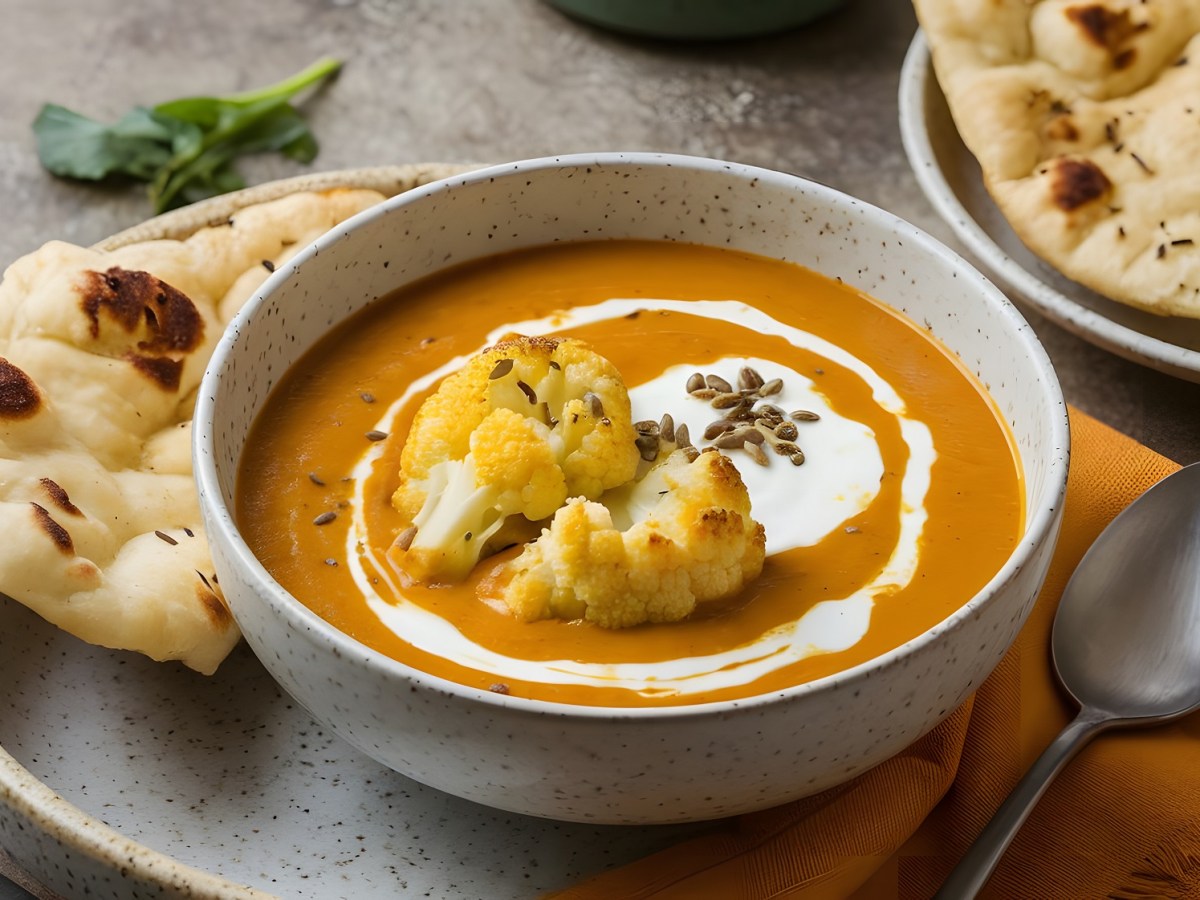 Eine Schale Blumenkohl-Curry-Suppe, garniert mit Kokosmilch und geröstetem Blumenkohl. Daneben liegt etwas frisches Naan.