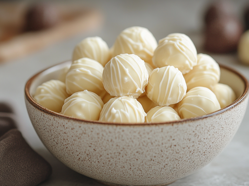 Eine SchÃ¼ssel Bratapfel-Pralinen mit Schokolade verziert.