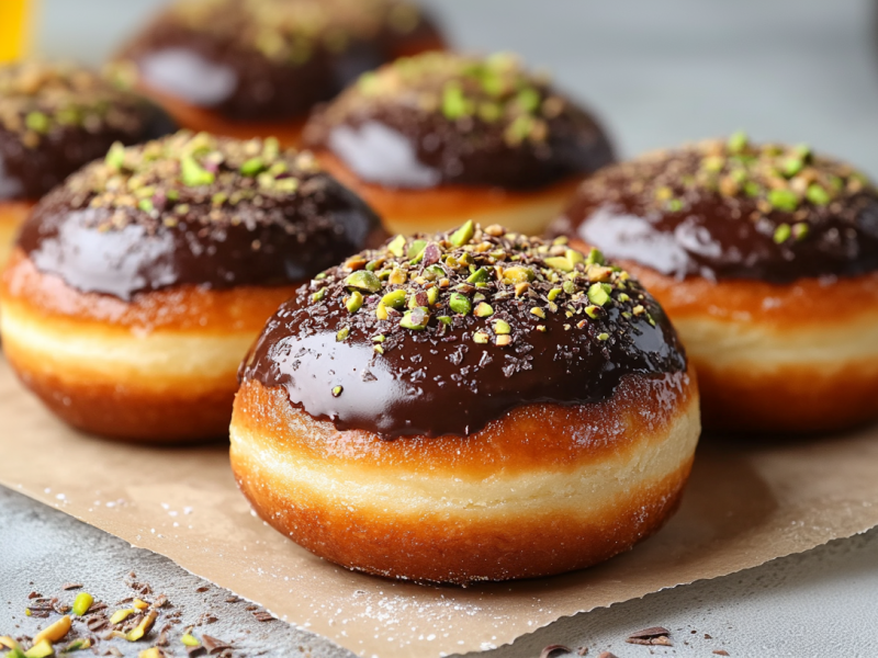 6 Dubai-Schokolade-Donuts mit Pistazien bestreut und Schokolade überzogen auf Backpapier.