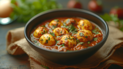 Egg Masala: indisches Eier-Curry in einer schwarzen Schale.