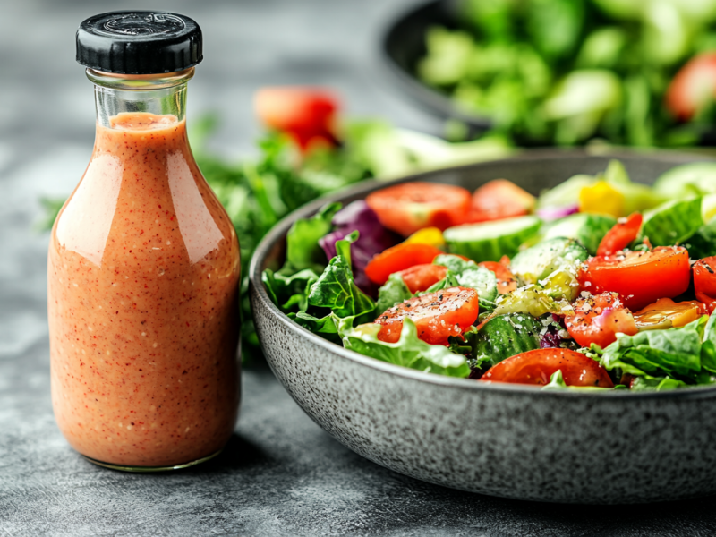 Eine Flasche French Dressing neben einer Schüssel mit Salat.