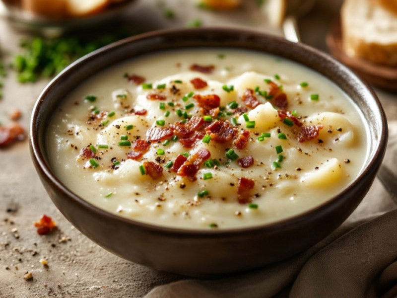 Eine Schüssel gebackene Kartoffelsuppe mit Speck und Schnittlauch.