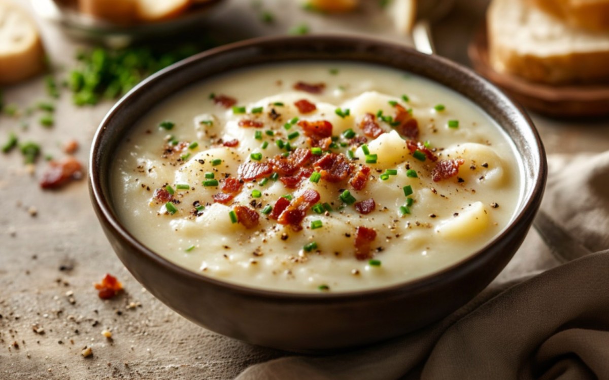 Eine Schüssel gebackene Kartoffelsuppe mit Speck und Schnittlauch.