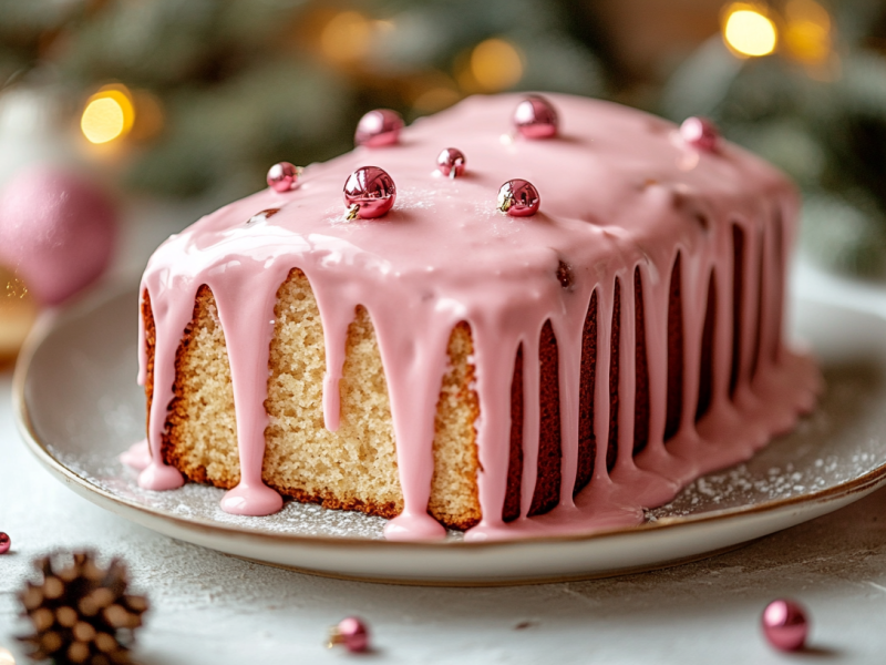 Ein GlÃ¼hweinkuchen mit pinkem Zuckerguss und Zuckerperlen uf einem Teller, drumherum Weihnachtsdeko.