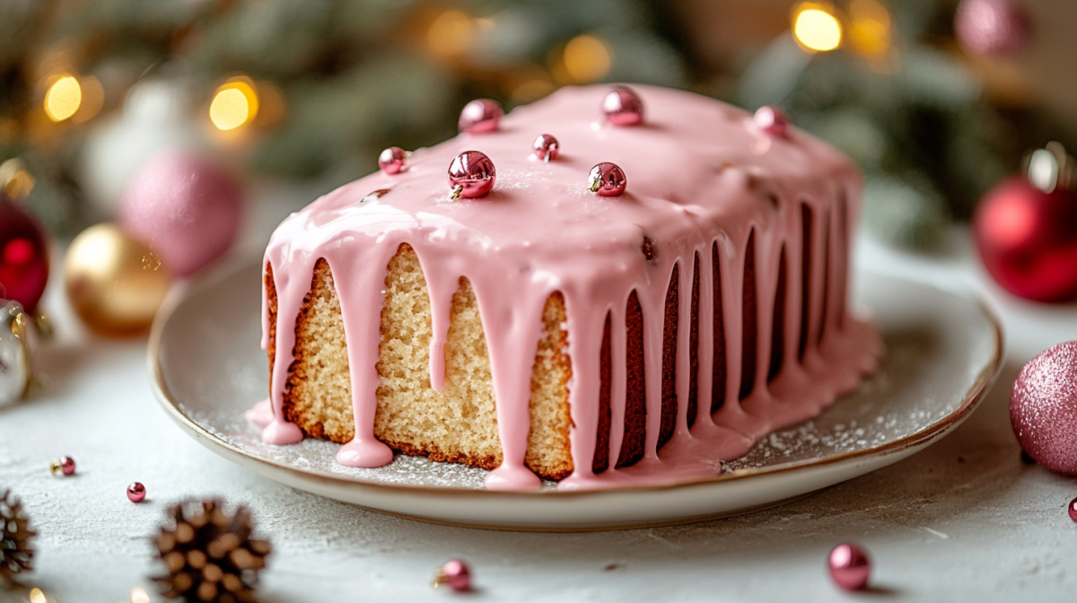 Ein GlÃ¼hweinkuchen mit pinkem Zuckerguss und Zuckerperlen uf einem Teller, drumherum Weihnachtsdeko.