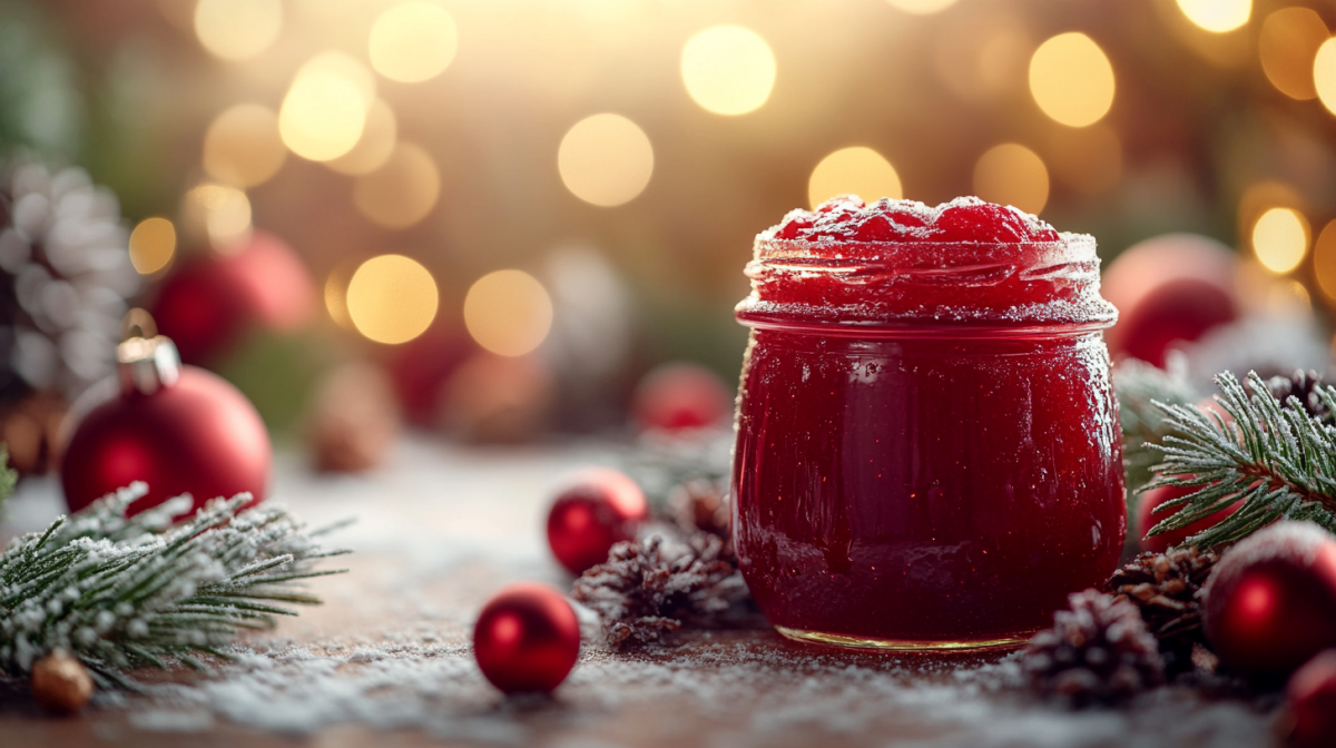 Ein Glas GlÃ¼hweinmarmelade vor weihnachtlichem Hintergrund mit Weihnachtsdeko drumherum.