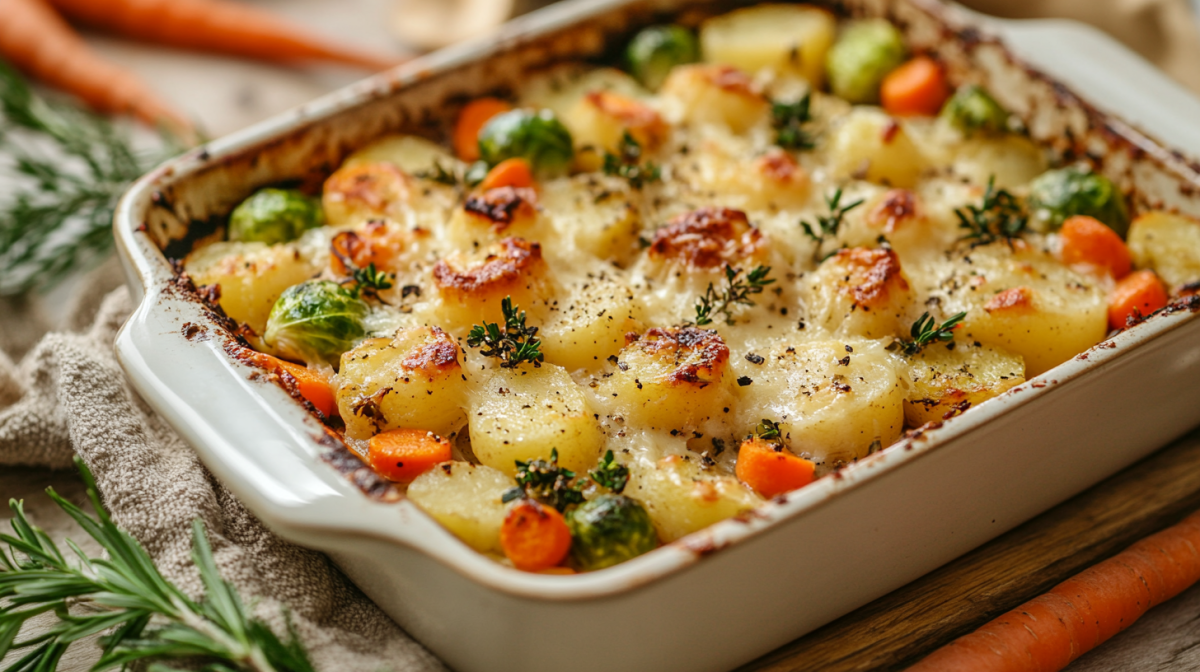 Herbstlicher Gemüseauflauf mit Kartoffeln, Karotten, Rosenkohl und Pastinake in weißer Auflaufform, garniert mit Kräutern.