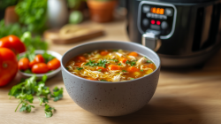 Eine Schüssel Hühnersuppe aus dem Airfryer. Dahinter steht eine Heißluftfritteuse.