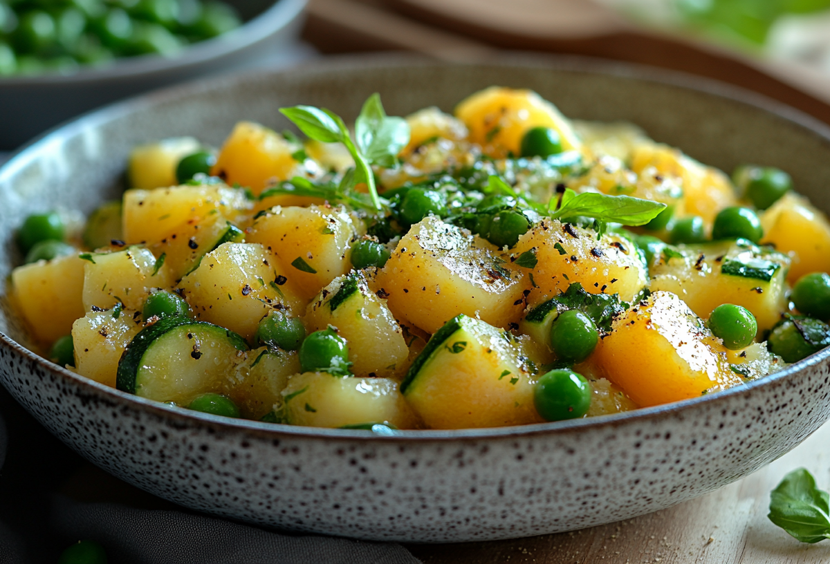 Ein tiefer Teller Kartoffel-Zucchini-Pfanne mit Erbsen, Nahaufnahme.