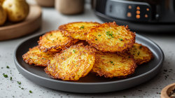 Kartoffelpuffer aus der Heißluftfritteuse auf einem Teller.