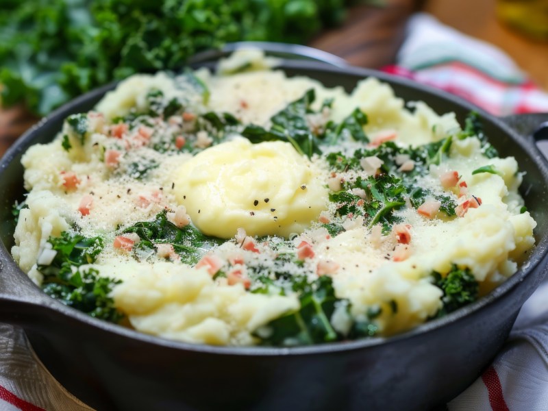 Topf mit Kartoffelstampf mit GrÃ¼nkohl und Speck