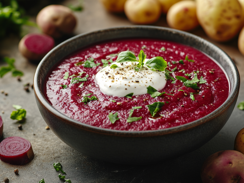 Eine Schüssel Kartoffelsuppe mit Roter Bete, garniert mit Crème fraîche und Kräutern. Drumherum Kartoffeln und Bete.