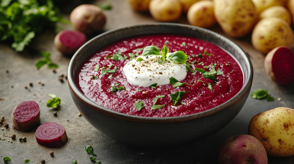 Eine Schüssel Kartoffelsuppe mit Roter Bete, garniert mit Crème fraîche und Kräutern. Drumherum Kartoffeln und Bete.