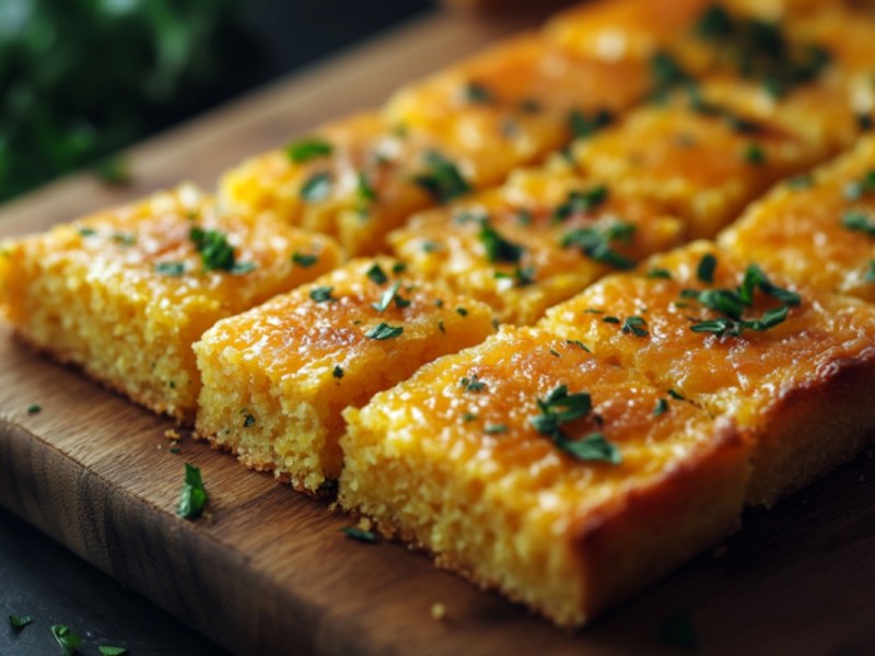 Maisbrot mit Käse auf einem Brett, in rechteckige Stücke geshcnitten,.