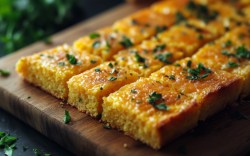 Maisbrot mit Käse auf einem Brett, in rechteckige Stücke geshcnitten,.