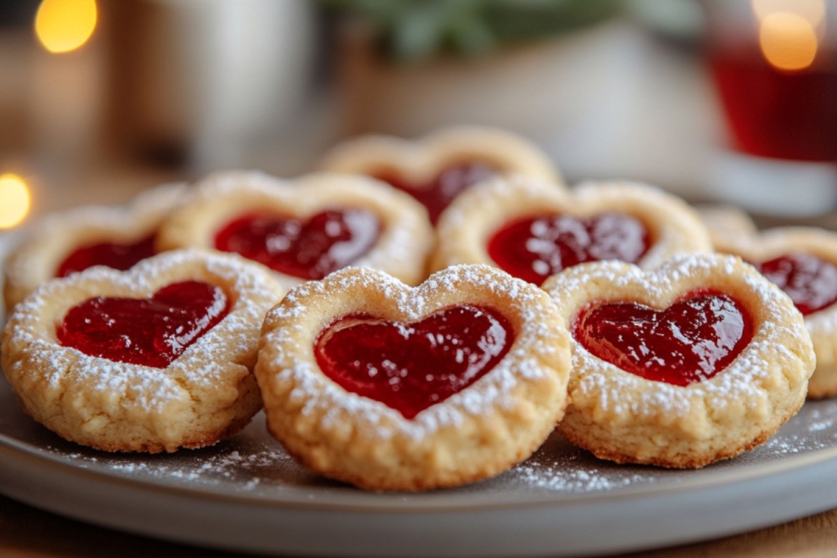 Mehrere Marzipan-Himbeer-Plätzchen auf einem Teller.