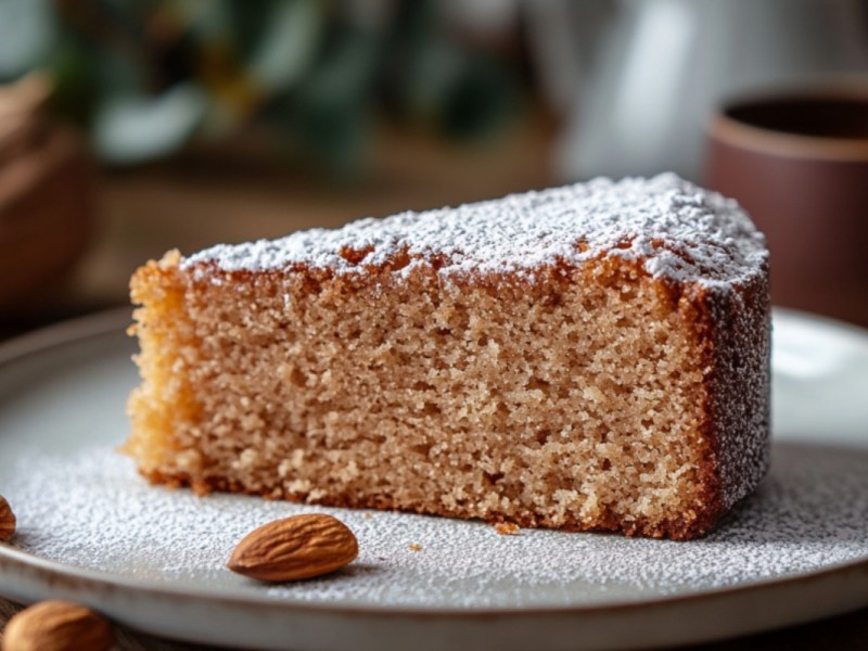 Ein Stück Marzipan-Nusskuchen mit Puderzucker auf einem Telle.r