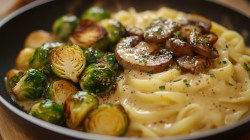 Teller mit Nudeln mit Rosenkohl-Champignon-Soße