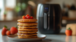 Pancakes aus dem Aifryer in einem Stapel auf einem Teller. Da hinter steht ein Airfryer.