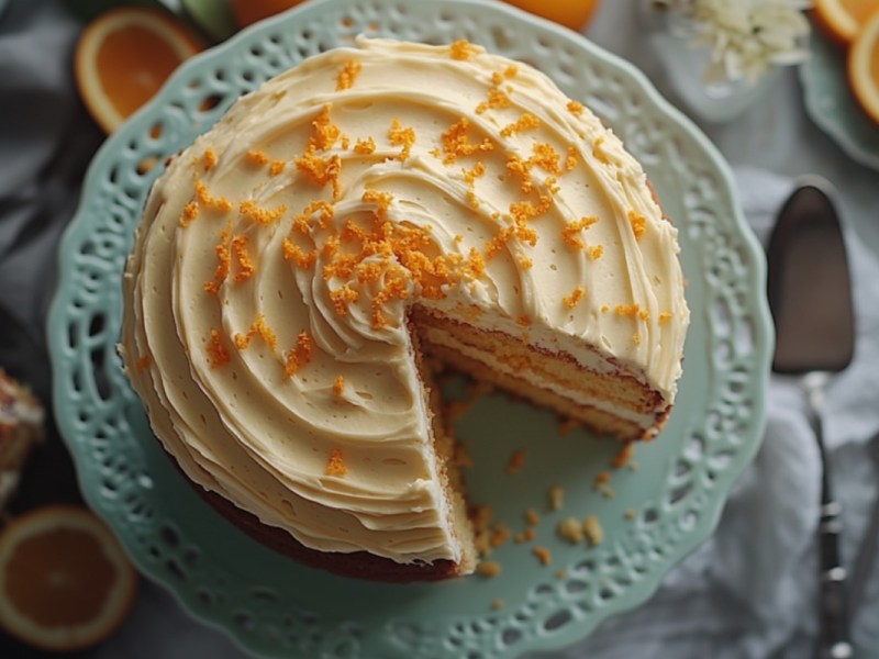 Ein Pastinakenkuchen in der Draufsicht. Mehrere Stücke fehlen.