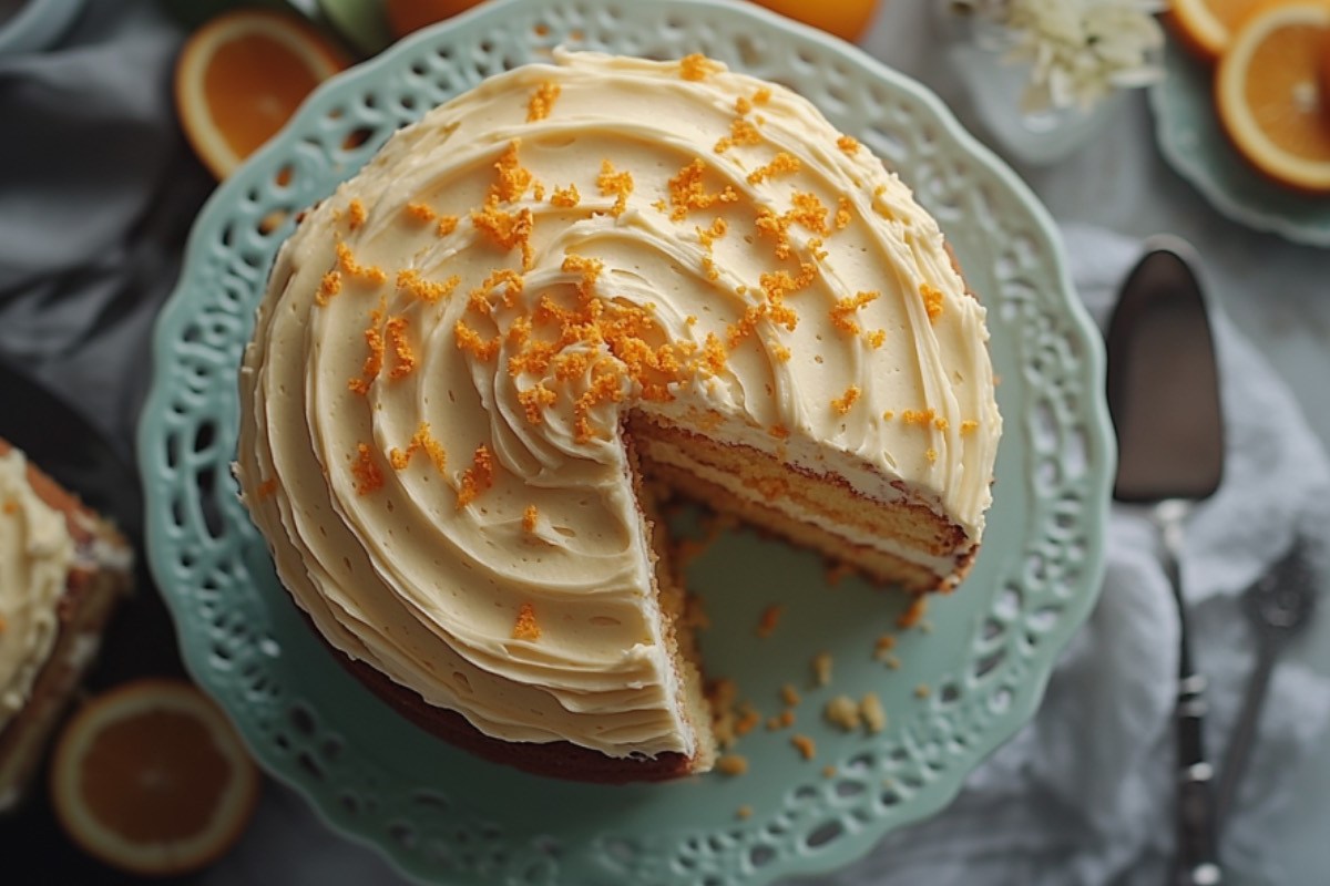 Ein Pastinakenkuchen in der Draufsicht. Mehrere Stücke fehlen.