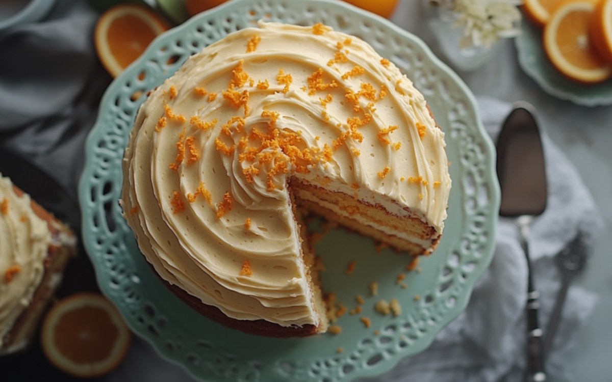 Ein Pastinakenkuchen in der Draufsicht. Mehrere Stücke fehlen.