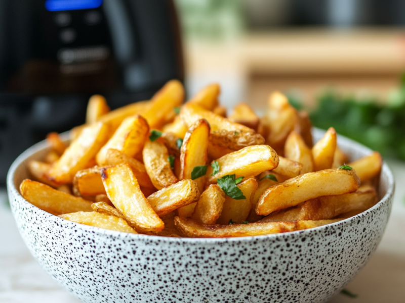 Eine Schüssel Pommes aus der Heißluftfritteuse, dahinter unscharf das Küchengerät.